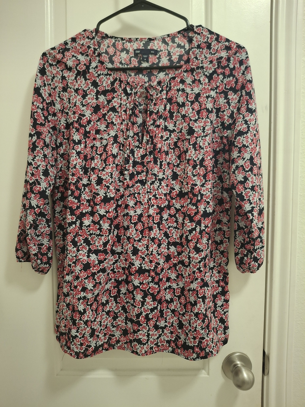 GAP Black Floral Tie-Front Blouse with Pink and White Blossoms